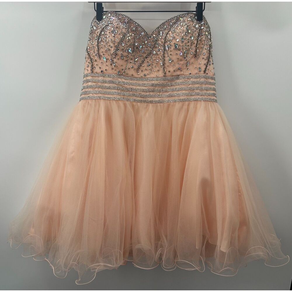 Anny Lee Homecoming Dress Strapless Tulle Bead Rhinestone Peach Blush Corset XL